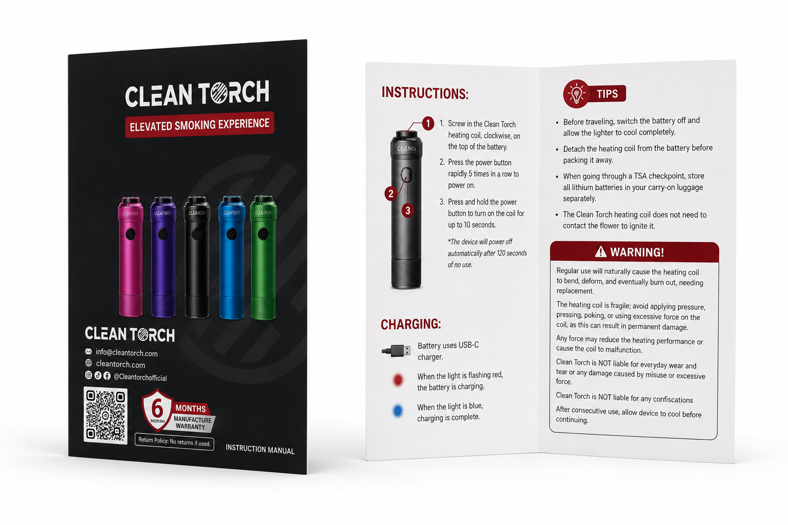 Clean Torch insert design — instruction manual mockup